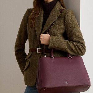 Lauren Ralph Lauren Crosshatch Leather Large Hanna Satchel - Dark Garnet, NWT